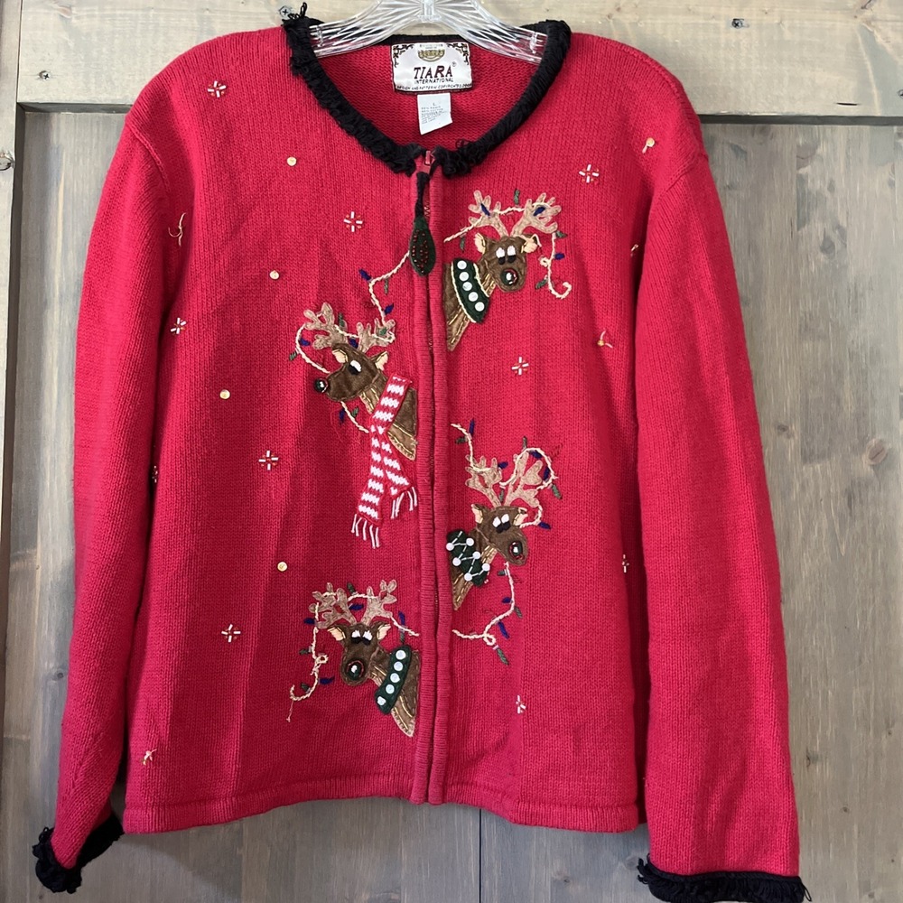 Vintage Christmas Sweater Women's L Red Reindeer Zip Cardigan Beaded Embroidered